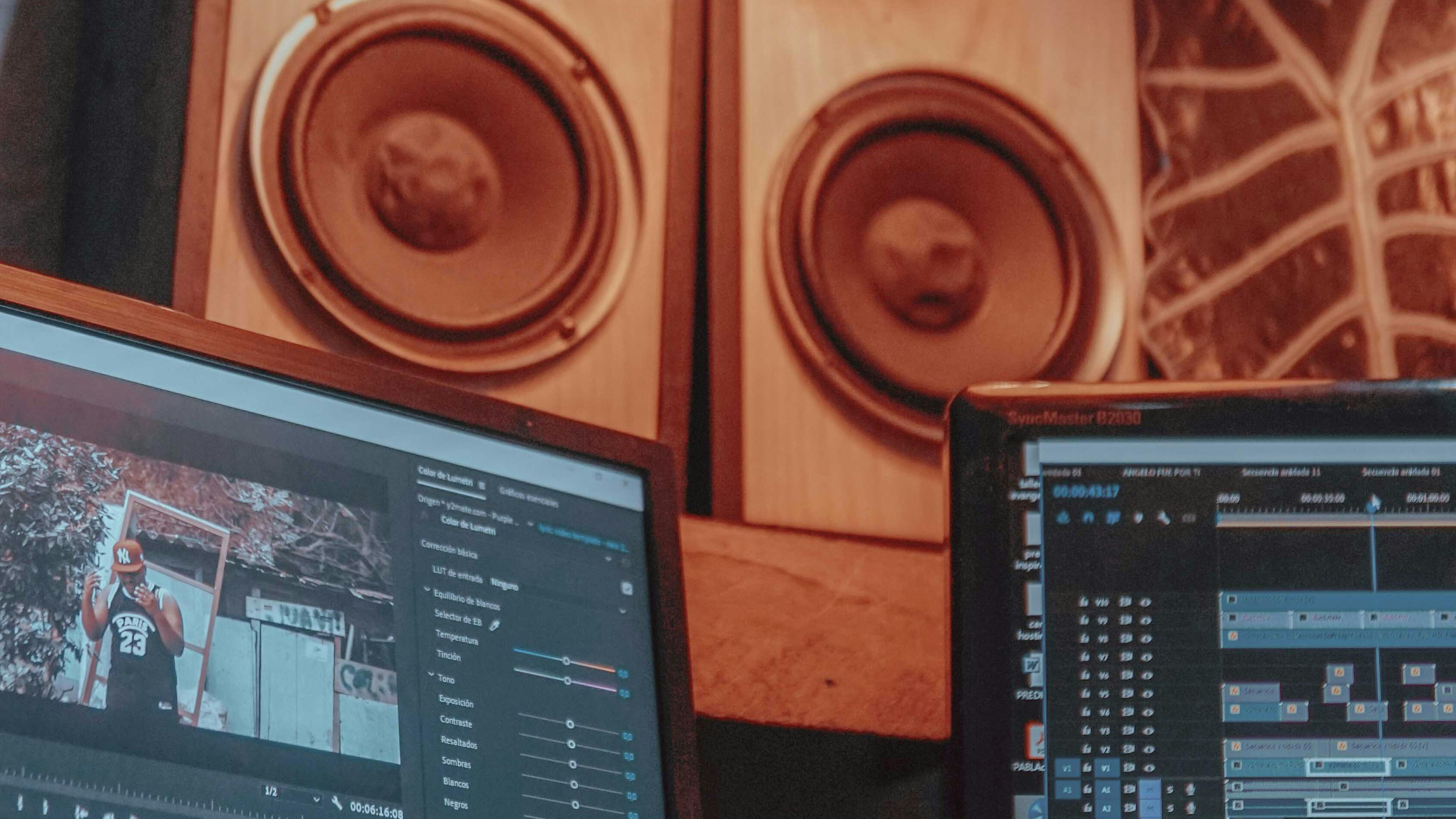 Modern video editing studio with multiple monitors showing AI-powered video timelines