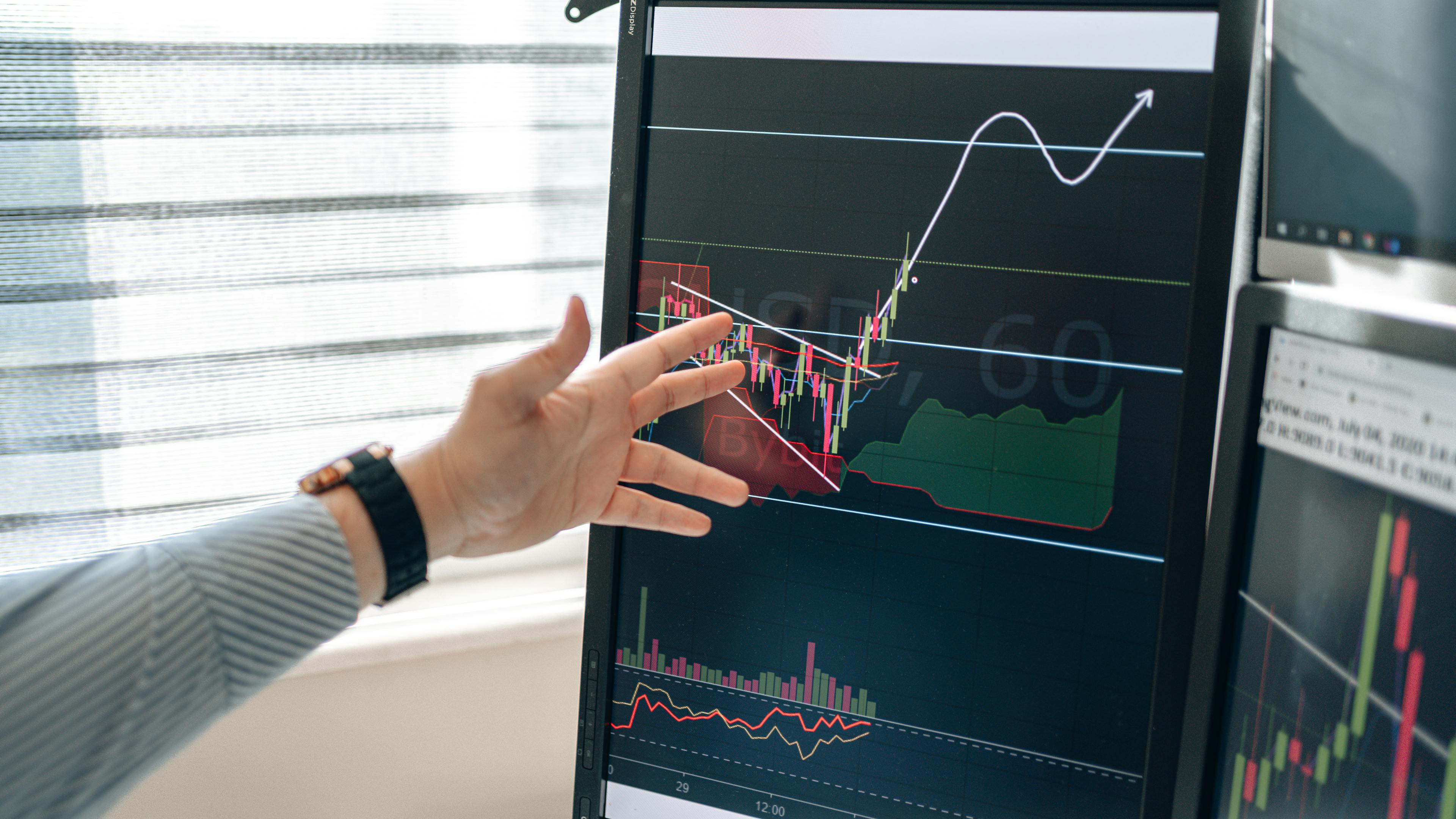 Financial KPI dashboard with charts on a large monitor, illustrating revenue and cash-flow tracking for small businesses